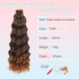 MLETULIPS Curly Crochet Braiding Hair Extensions Deep Wave Braiding Hair Ocean Wave Crochet Hair Soft Synthetic Bohemian Curly Water Wave Crochet Braids for Women (T30#, 20 inch/3 pack)