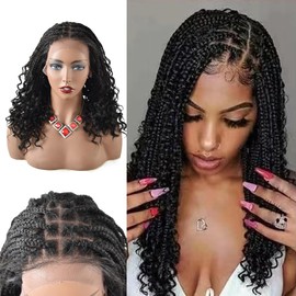 18''HD Lace Front Braided Wigs for Black Women Curly Box Braided Wigs for Black Women Hand Braided Wigs with Baby Hair Micro Twisted Braided Wigs Natural Parting Knotless Synthetic Wig (#1B)