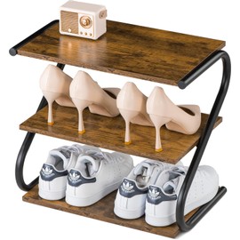 Aroktake Small 3-Tier Shoe Rack, Z-Frame Wooden Shoe Shelf with Durable Metal Shelves for Hallway, Living Room, Closet, Bedroom (17.2”)