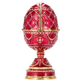 danila-souvenirs Faberge style Egg/Music Box/Trinket Jewel Box with Basket of Flowers 6.8'' (17 cm) red
