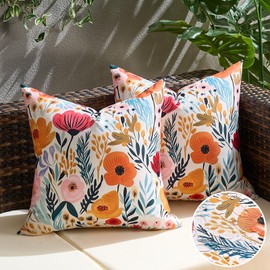 Spring Pillow Covers 18x18 Outdoor Pillow Covers Farmhouse Wildfloral Set of 2 Multicolor Orange and Pink Flowers Leaves Beauty Floral Blossom Garden Cushion Case Spring Decorations for Home Garden