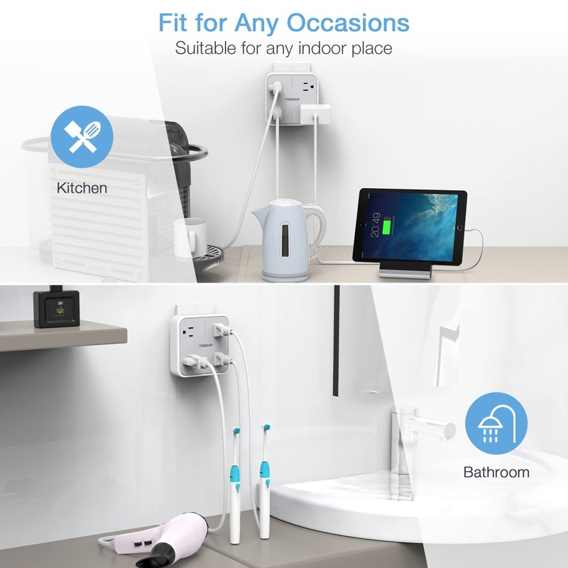 TESSAN Adaptador de Enchufe, Multicontacto Pared Conector, Enchufe Multiple Adaptador