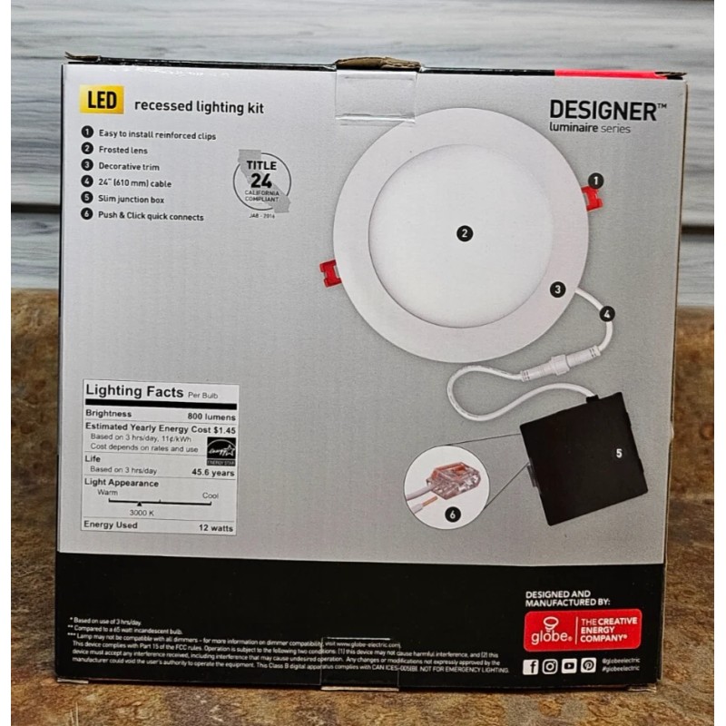 Globe 90933 6" Ultra Slim LED Integrated Recessed Lighting Kit