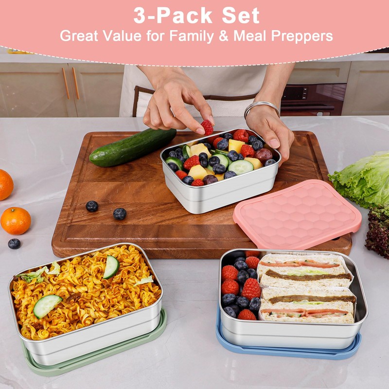 Caperci 25oz Large Stainless Steel Food Containers, 3-Pack Bento Lunch