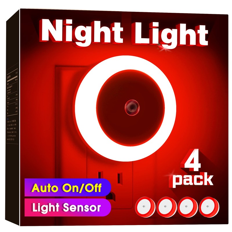 Briignite 4 Pack Red LED Night Light, Dusk to Dawn