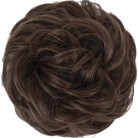 FESHFEN Messy Bun Hair Pieces - Wavy Curly Elastic Hair Bun Scrunchies Ponytail Extensions Synthetic Chignon Hairpieces for Women, Medium Chestnut Brown 42 g