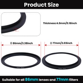 Metal Step Up Ring Filter Adapter - 77mm to 86mm - Metal Ring Step Up Rings Adapter Filter Compatible with All 86mm UV, CPL, ND, Lens Hood, Threaded Lens ect