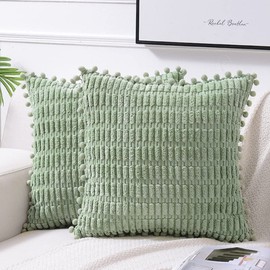 Fancy Homi 2 Packs Sage Green Decorative Throw Pillow Covers 18x18 Inch with Pom-poms for Couch Bed Living Room, Farmhouse Boho Home Decor, Soft Corduroy Cute Square Cushion Case 45x45 cm
