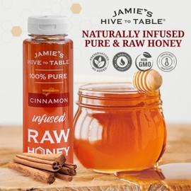 Jamie's Hive to Table Cinnamon Flavored Honey, 12 Oz – 100% Raw & Unfiltered Honey with a Warm & Spiced Flavor – Perfect for Coffee, Smoothies & Desserts
