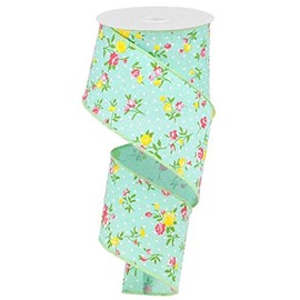 Blue & Pink Floral Wired Ribbon, 2.5 Inches x 10 Yards