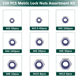 Metric Nylon Insert Lock Nut Assortment Kit, 530PCS Stainless Steel Standard Thread Nylock Nuts Set for Bolt M2-M12