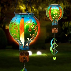 SUNNYPARK Hot Air Balloon Solar Lantern Hummingbird Wind Spinners with Flickering Flame Light Hanging Solar Lantern Outdoor Waterproof Decorations for Outside Patio Garden Yard