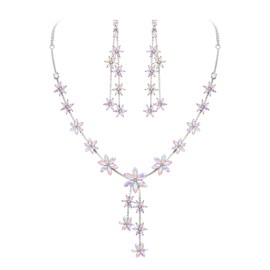 EleQueen Snowflake Jewelry Set for Women, Sparkle Iridescent Clear AB Rhinestone Crystal Marquise Flower Cluster Y-Necklace Dangle Earrings for Wedding Bridal Party