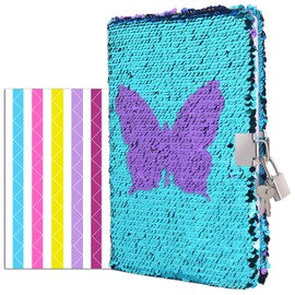 VIPbuy Magic Reversible Sequin Diary Notebook with Lock and Key Lined Travel Journal with Photo Corner for Women Girls, Size A5 (215 x140mm), 156 Pages ( Butterfly Diary )