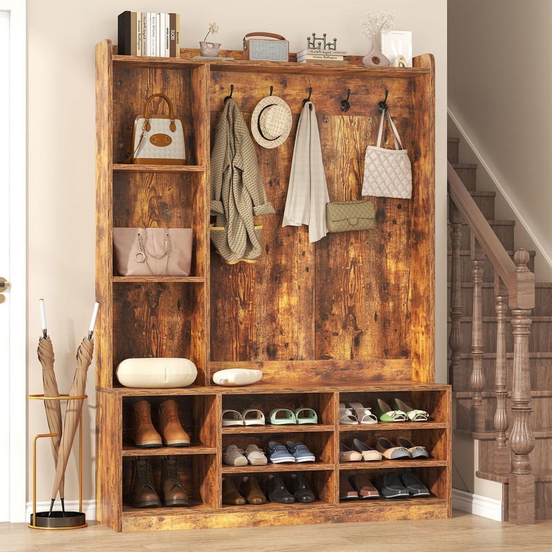 Nosepen Hall Tree with Bench and Shoe Storage, 5-in-1 Entryway