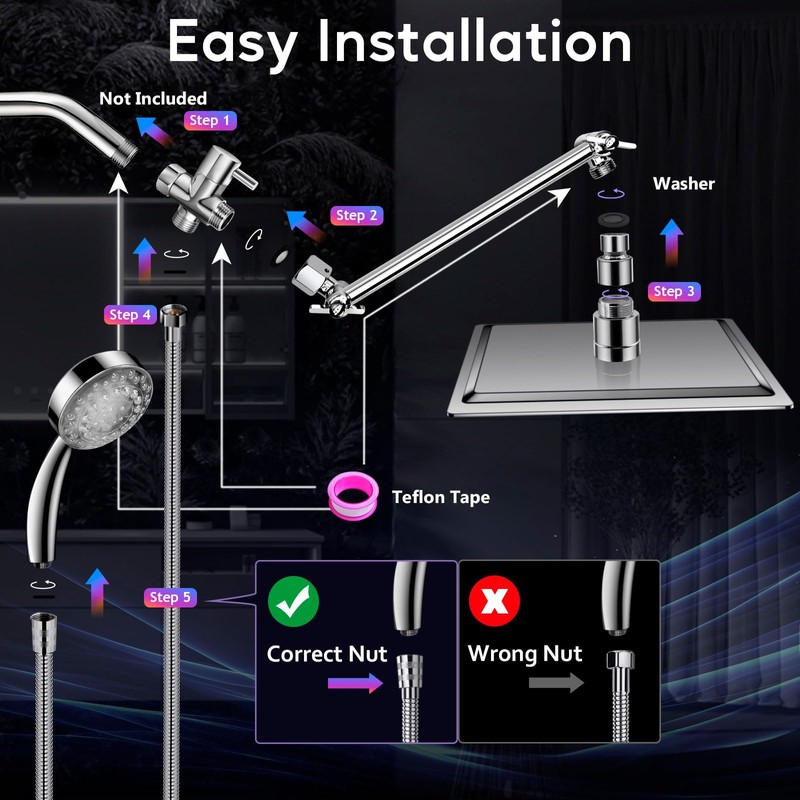 Shower Head with LED, High Pressure 10'' Rain Shower Head