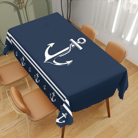 TLCBFF Nautical Decorative Rectangle Tablecloth Anchor Sailing Ocean Dark Navy Blue Rectangle Tablecloth Picnic Table Cover BBQ Table Cloths Polyester for Kitchen Coffee 52" x 70" 4-6 Seats