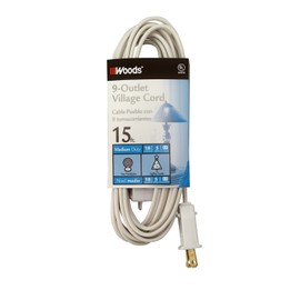Woods Light Duty Extension Cord, 15Ft, 18/2, SPT-2, Indoor Household Cord, 9 Outlets, White, 2188