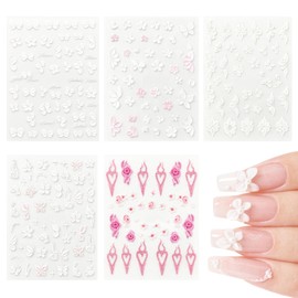 Embossed White Floral Nail Stickers Set – 5 Sheets Self-Adhesive 3D Flower & Butterfly Nail Decals for Spring Manicure and Elegant Nail Art