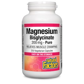 Natural Factors Natural Factors Magnesium Bisglycinate, 200 mg, 250 capsules, Gentle on the Stomach, Maintains Proper Muscle Function, Supports Tissue Formation of Healthy Bones and Teeth