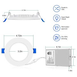 INCARLED 4Inch 3CCT LED Recessed Slim Pot Light with Junction Box, Dimmable IC Rated Ceiling Lighting 9W 750LM (10pack, 5000K/4000K/3000K-3CCT)