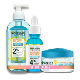 Garnier Skin Active Kit Express Anti Imperfecciones: Gel Limpiador + Serum anti acne + Crema Facial Hidratante Matificante en Gel