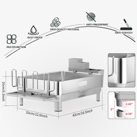 Ewaiira Dish Drying Rack, 304 Stainless Steel Dish Racks for Kitchen Counter, Dish Drainers with Automatic Drainage, Utensil Holder & Cups Holder, Space Saving Kitchen Organizer, Gray
