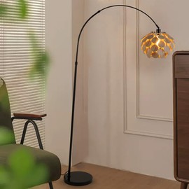 INJAK Bamboo Arc Floor Lamp for Living Room, Vintage Black Standing Lights with Adjustable Lamp Head, Tall Lamp with Foot Switch Arched Corner Reading Fishing Lighting for Bedroom Office E26