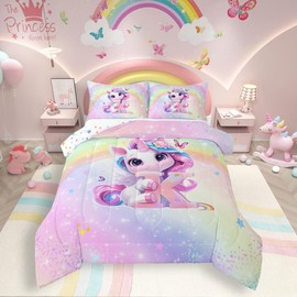 Unicorn Bedding Set,3D Pink Blue Unicorn Floral Bedding,Twin Gradient Glitter Comforter Sets for Kids Girls Cute Reversible Galaxy Comforter Alphabet Letter K,Teens Cartoon Unicorn Room Decor