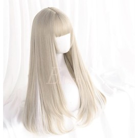 Semi-Long, Beige x White Wig, Women's Wig, Straight, Natural, Harajuku, Popular, Small Face, Cute, Net Included