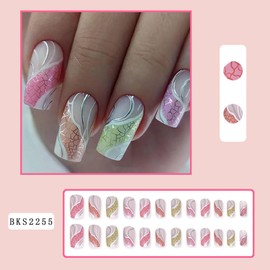 Press on Nails Square Medium Glossy Full Cover Acrylic Square Medium False Nails with Plaids Line Designs Artificial Short Coffin Fake Nails Glue Stick on Fingernails for Women Girls