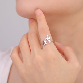 TEAMER Hummingbird Flower Ring Stainless Steel Dainty Bird Flower Ring Hollow Hummingbird Flower Ring Animal Jewelry for Women (Silver, 10)