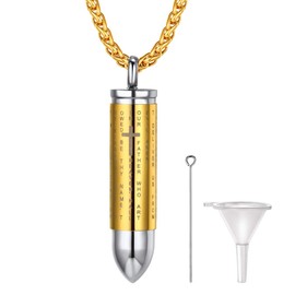 Richsteel Mens Bullet Urn Necklace for Ashes Gold Plated Stainless Steel Cross Lords Prayer Memorial Keepsakes Cremation Jewelry