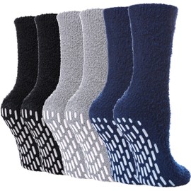 FNOVCO Non Slip Socks for Women Winter Warm Cozy Fuzzy Slipper Socks Soft Fluffy Hospital Socks with Grips (6 Pairs Black Blue Grey)