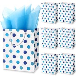 Humyoun 6 Pack Medium Gift Bags with Tissue Paper 7 x 4 x 9 Easter Thick Gift Bags Wrap with Handles Polka Dots Tissue Paper for Birthday Graduation Baby Shower Wedding Mother's Day(White, Blue)