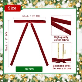 30 Pcs Burgundy Velvet Christmas Bows, Vintage Premade Velvet Bows for Christmas Tree Wreath Rustic Crafts Velvet Gift Bows Velvet Xmas Bows Decor 5 X 7 Inch, Width of 3/8"