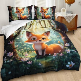 AILONEN Kawaii Fox Duvet Cover Set Twin Size,Orange Cartoon Fox Kids Bedding Set for Bedroom Decor,3 Pieces Forest Fox Comforter Cover Set Breathable Duvet Cover with 2 Pillowcases for Boys Girls