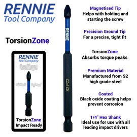 10 x Rennie Tools 100mm Long PZ2 Impact Screwdriver Driver Bits Set. Heavy Duty PoziDriv POZI No.2 Magnetic Screwdriver Bit Set. PZ2 Impact Driver Bits Pozidrive Screw Accessories. Black Oxide Coated