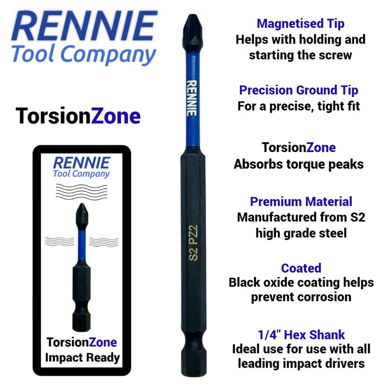 10 x Rennie Tools 100mm Long PZ2 Impact Screwdriver Driver