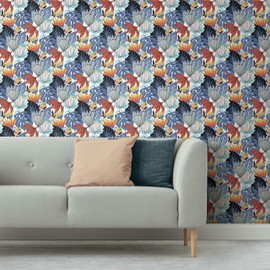 RoomMates RMK11912WP Blue and Yellow Retro Tropical Leaves Peel and Stick Wallpaper
