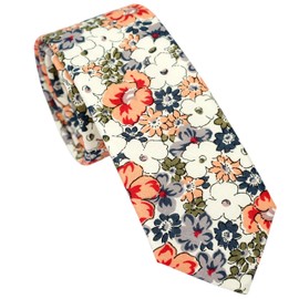 ZENXUS Floral Tie for Men, Cotton Skinny Flower Necktie with Pocket Square Set, Orange Pansy
