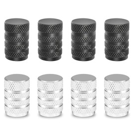 4PCS Silver 4PCS Black Tire Valve Caps - Dust Caps for Car Tyres - Aluminium Car Tyre Valve Caps with Tread Design - Universal Dustproof Tyre Valve Covers for Cars, Bikes, Motorcycles, Trucks