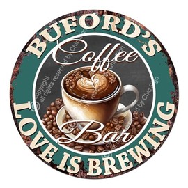 BUFORD’S Coffee Bar Love is brewing Rustic Shabby Vintage style Retro Kitchen Bar Pub Coffee Shop man cave Garage Decor Mother's Father's Vanentines day Gift Ideas