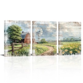 Countryside Canvas Wall Art - Farmhouse Windmill Picture Wall Decor Vintage Barn Flowers Landecape Painitngs For Bedroom Living Room Framed Wall Decor, 12"X16"X3panels
