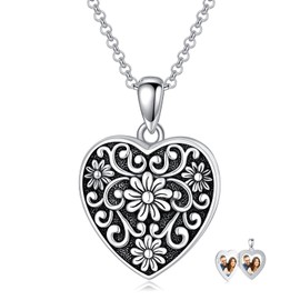 MEIDERBO Heart Locket Necklace That Holds Pictures 925 Sterling Silver Daisy Flower Photo Locket Pendant Daisy Jewelry Gifts for Women