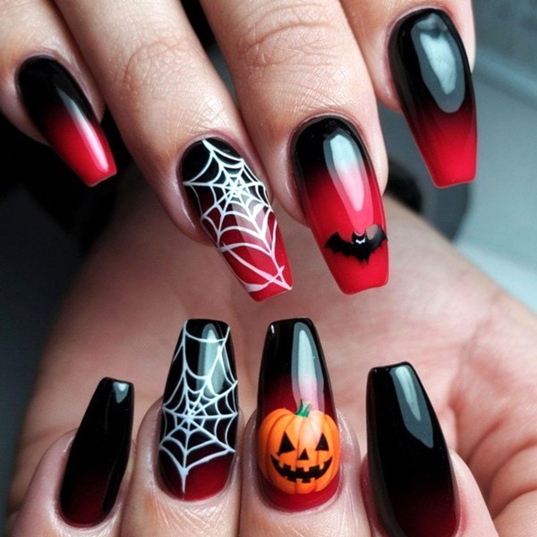 Halloween Press on Nails Coffin Medium Fake Nails with Spider