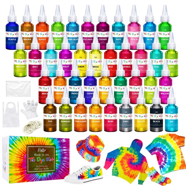 Tie Dye Kit - 40 Colours Permanent Fabric Dye with Rubber Bands, Gloves, Table Cover, Apron for Kids and Adult Tie-Dye Art - All-in-1 Textile Paint Dye for DIY Shirt, Hoodie, Clothing, Fabric Painting