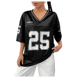 SOLY HUX Women's Y2k Baggy T-Shirts V Neck Half Sleeve Sportswear Tees Jersey Top Streetwear Black Letter X-Small