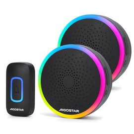 Aigostar Wireless Bell with RGB Light, IP55 Waterproof Outdoor Door Bell Set, 5 Volume Levels, 60 Melodies, 150 m Range, 1 Bell Push Button & 2 Receivers, Black