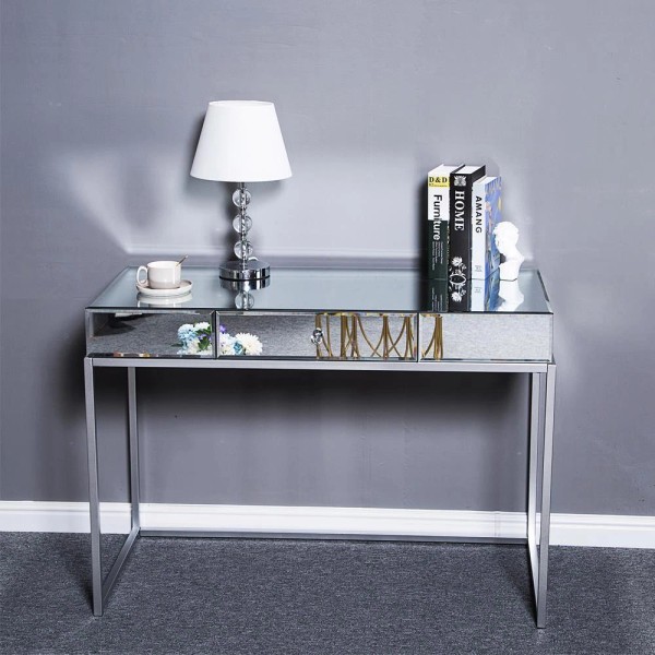 Fch Mirrored Desk with Drawer Silver Console Table Mirror Sofa